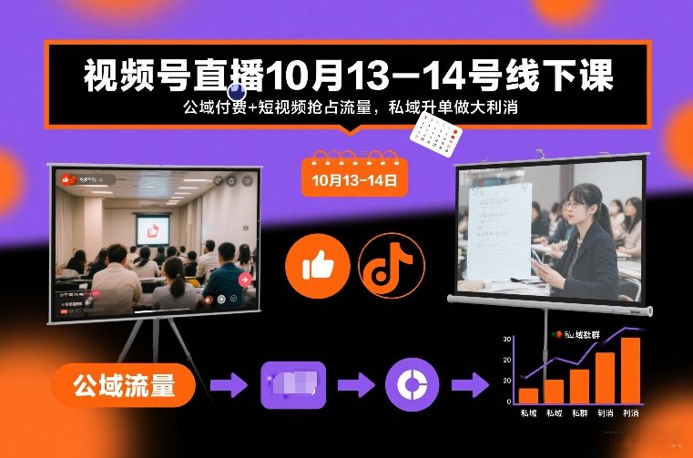 视频号直播10月13-14号线下课，公域付费+短视频抢占流量，私域升单做大利消-网创项目