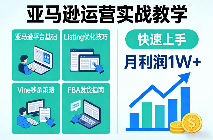 亚马逊运营实战教学，亚马逊平台+Listing优化+Vine秒杀+FBA发货等，快速上手，实现店铺月利润1W-网创项目