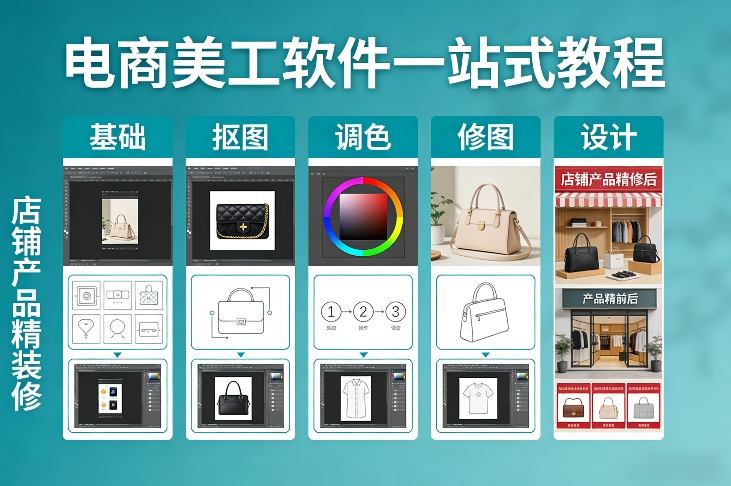 电商美工软件一站式教程,基础/抠图/调色/修图/设计,店铺产品精装修