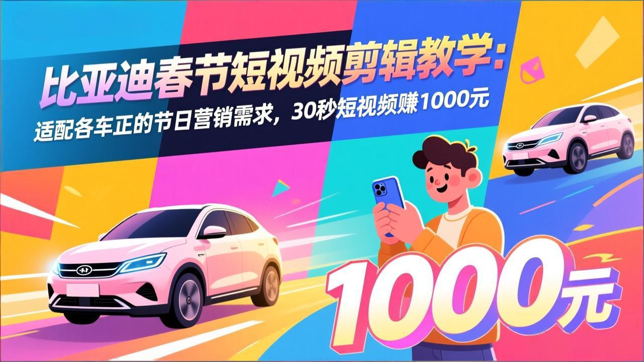 比亚迪春节短视频剪辑教学：适配各车企的节日营销需求，30秒短视频赚1000元-网创项目