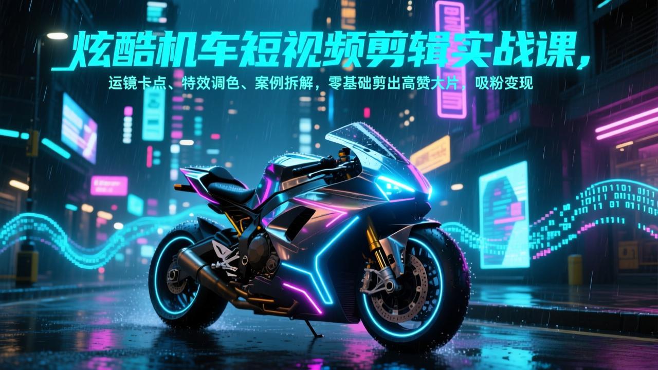 炫酷机车短视频剪辑实战课，运镜卡点、特效调色、案例拆解，零基础剪出高赞大片，吸粉变现-网创项目