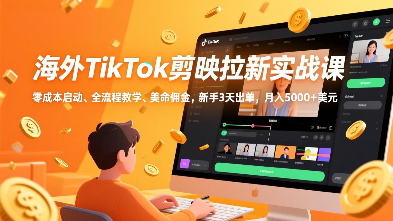 海外TikTok剪映拉新实战课，零成本启动、全流程教学、美金佣金，新手3天出单，月入5000+美元-网创项目