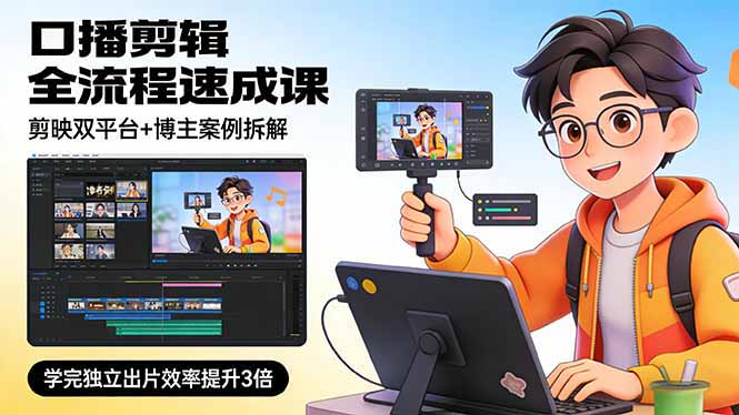 口播剪辑全流程速成课，剪映双平台+博主案例拆解，学完独立出片效率提升3倍-网创项目