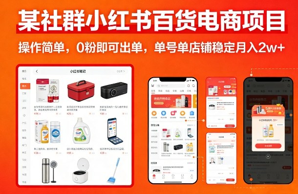 某社群小红书百货电商项目，操作简单，0粉即可出单，单号单店铺稳定月入2w+-网创项目