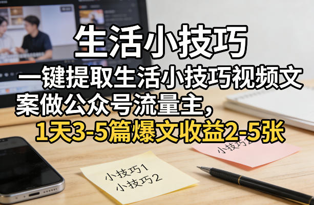 一键提取生活小技巧视频文案做公众号流量主，1天3-5篇爆文收益2-5张-网创项目