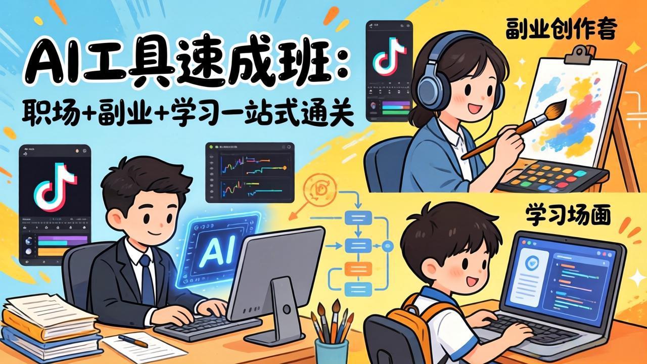 AI工具速成班：职场+副业+学习一站式通关，20+爆款类型+剪映技巧+抖音算法，0基础快速上手-网创项目