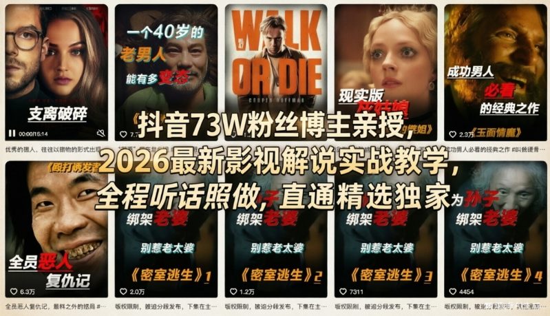 抖音73W粉丝博主亲授，2026最新影视解说实战教学，全程听话照做，直通精选独家-网创项目
