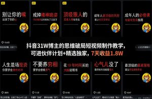 抖音31W博主的思维破局短视频制作教学，可进伙伴计划+精选独家，7天收益1.8W-网创项目