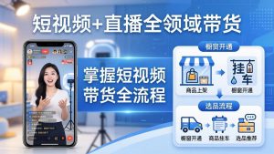 短视频+直播全领域带货-更新:掌握橱窗开通、挂车、选品、爆款文案改编等短视频带货全流程-网创项目