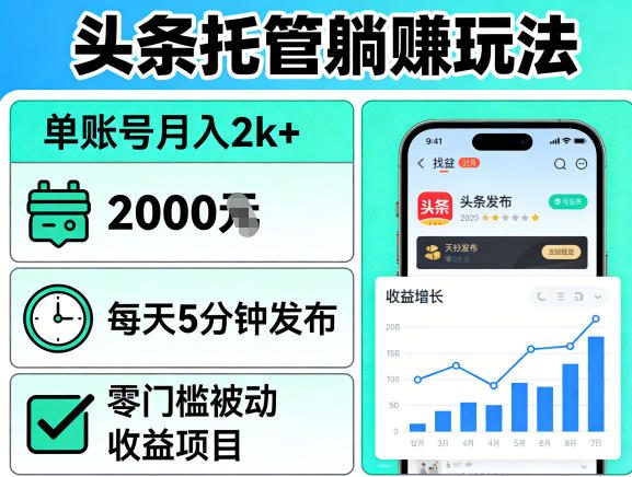 头条托管躺賺玩法，单账号月入2k+，每天5分钟发布即可，零门槛被动收益项目【揭秘】-网创项目