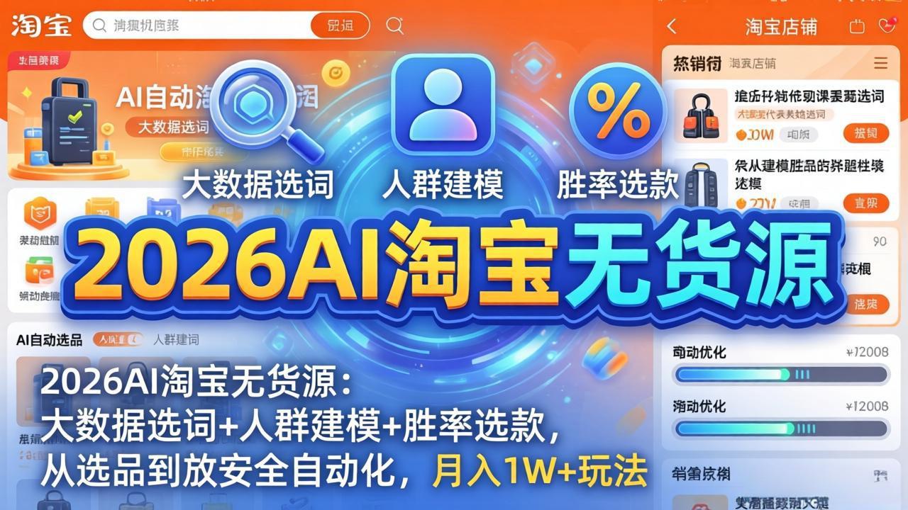 2026AI淘宝无货源-4月更新：大数据选词+人群建模+胜率选款，从选品到放大全自动化，月入1W+玩法-网创项目