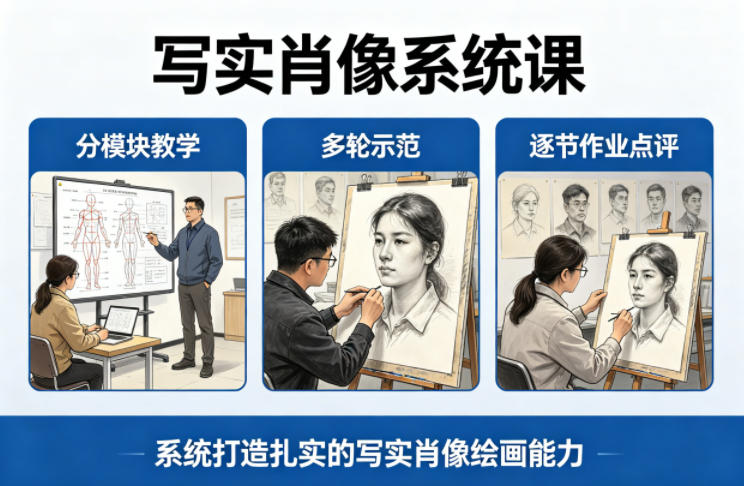 写实肖像系统课，全程分模块教学+多轮示范+逐节作业点评，系统打造扎实的写实肖像绘画能力-网创项目