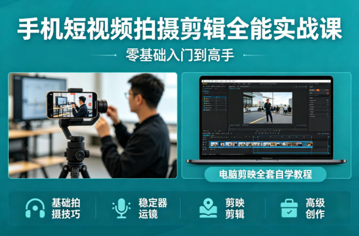 手机短视频拍摄剪辑全能实战课：零基础入门到高手，稳定器运镜+电脑剪映全套自学教程-网创项目