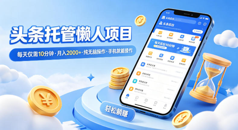 头条托管懒人项目，每天仅需10分钟，月入2000+，纯无脑操作，手机就能操作【揭秘】-网创项目