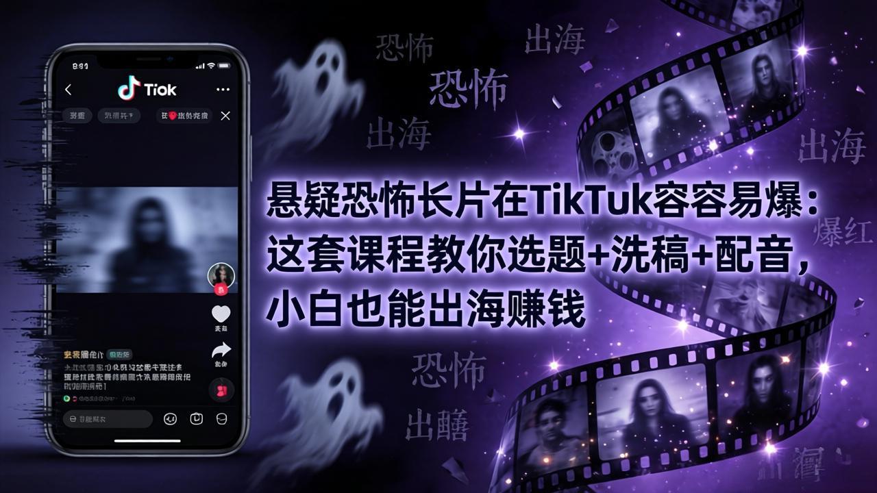 悬疑恐怖长片在TikTok最容易爆：这套课程教你选题+洗稿+配音，小白也能出海赚钱-网创项目