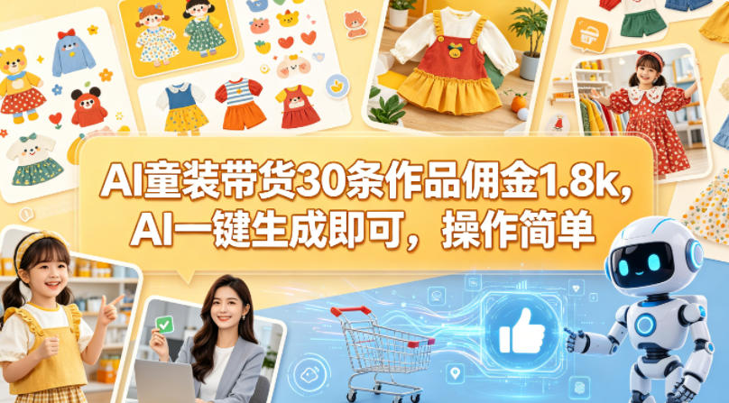 AI童装带货30条作品佣金1.8k，AI一键生成即可，操作简单-网创项目