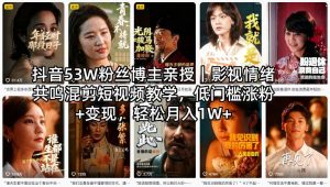 抖音53W粉丝博主亲授｜影视情绪共鸣混剪短视频教学，低门槛涨粉+变现，轻松月入1W+-网创项目