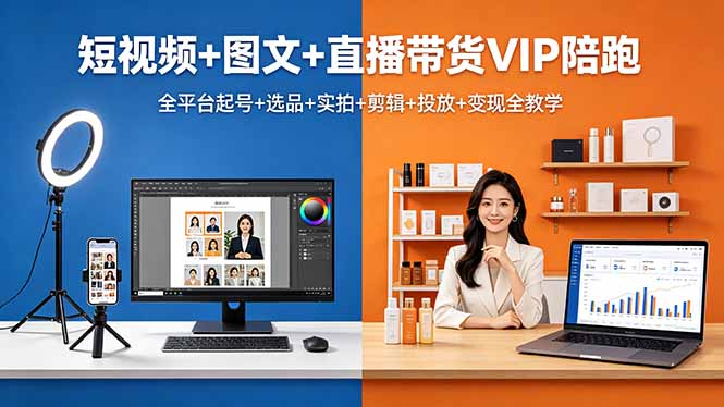 短视频+图文+直播带货VIP陪跑，全平台起号+选品+实拍+剪辑+投放+变现全教学-网创项目