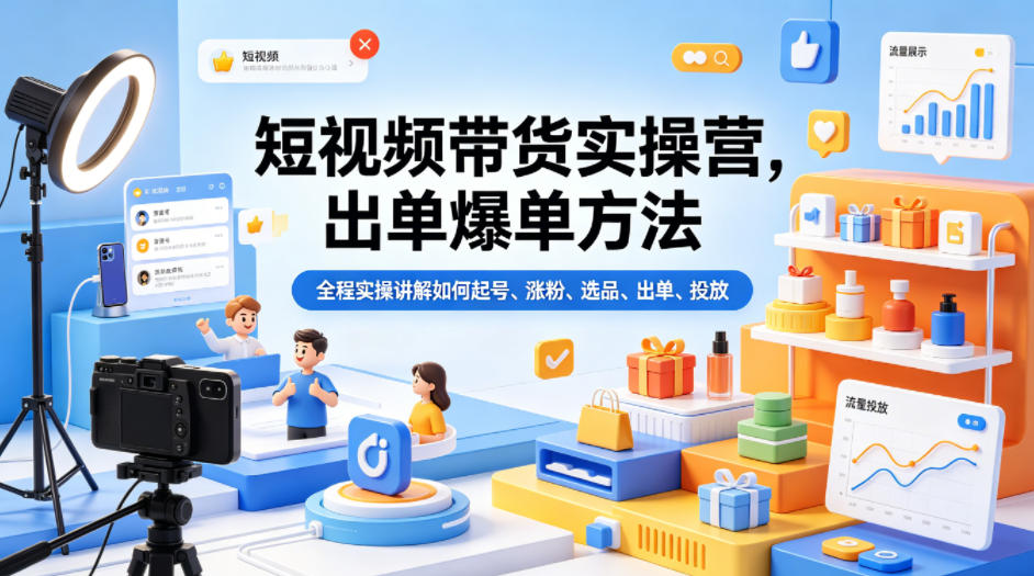短视频带货实操营，出单爆单方法，全程实操讲解如何起号、涨粉、选品、出单、投放-网创项目