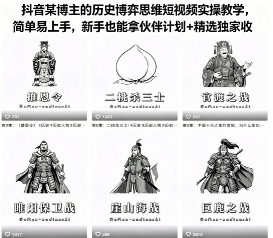 抖音某博主的历史博弈思维短视频实操教学，简单易上手，新手也能拿伙伴计划+精选独家收益-网创项目