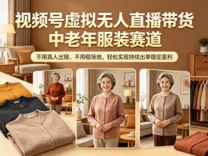 视频号虚拟无人直播带货中老年服装赛道，不用真人出镜、不用租场地，轻松实现持续出单稳定盈利-网创项目