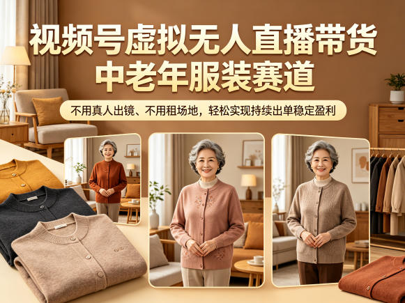 视频号虚拟无人直播带货中老年服装赛道，不用真人出镜、不用租场地，轻松实现持续出单稳定盈利-网创项目