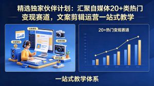 精选独家伙伴计划:汇聚自媒体20+类热门变现赛道,文案剪辑运营一站式教学-网创项目