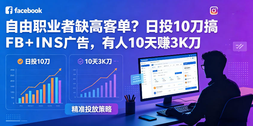 自由职业者缺高客单？日投10刀搞FB+INS广告，有人10天赚3K刀！【原创双语字幕】-网创项目