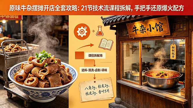 原味牛杂摆摊开店全套攻略：21节技术流课程拆解，手把手还原爆火配方-网创项目
