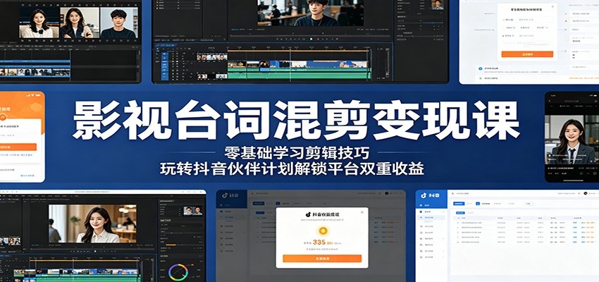 影视台词混剪变现课：零基础学习剪辑技巧，玩转抖音伙伴计划解锁平台双重收益-网创项目