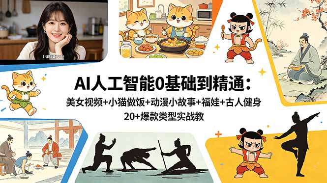 AI人工智能0基础到精通：美女视频+小猫做饭+动漫小故事+福娃+古人健身，20+爆款类型实战教学-网创项目