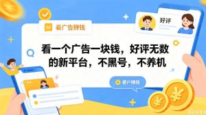 看一个广告一块钱，好评无数的新平台，不黑号，不养机，一撸几十块钱还是不错的【揭秘】-网创项目