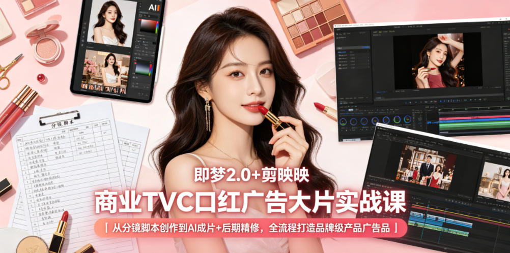 即梦2.0+剪映商业TVC口红广告大片实战课｜从分镜脚本创作到AI成片+后期精修，全流程打造品牌级产品广告-网创项目