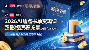 2026AI热点书单变现课，蹭影视原著流量，AI做文案素材，三平台同步带货赚图书高佣金-网创项目