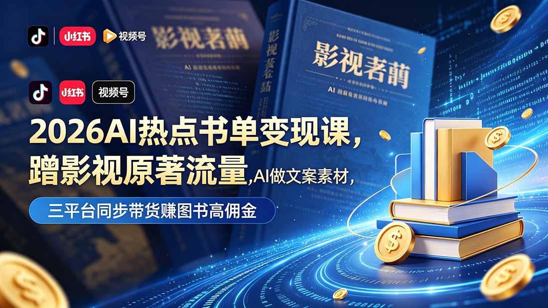 2026AI热点书单变现课，蹭影视原著流量，AI做文案素材，三平台同步带货赚图书高佣金-网创项目