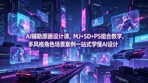 AI辅助原画设计课，MJ+SD+PS组合教学，多风格角色场景案例一站式学懂AI设计-网创项目
