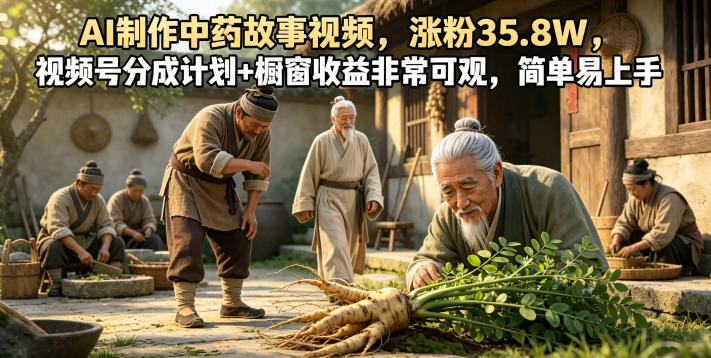 AI制作中药故事视频，涨粉35.8W，视频号分成计划+橱窗收益非常可观，简单易上手-网创项目