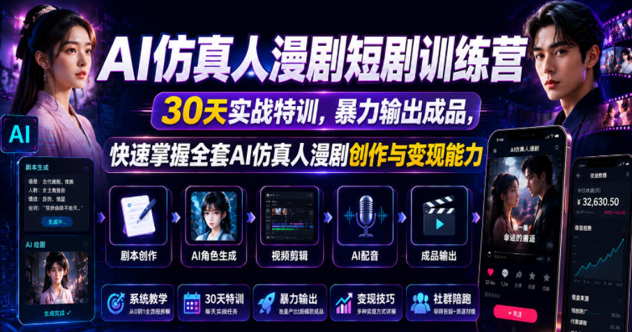 AI仿真人漫剧短剧训练营，30天实战特训，暴力输出成品，快速掌握全套AI仿真人漫剧创作与变现能力-网创项目