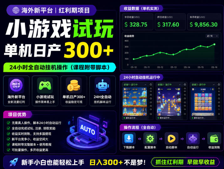 海外新平台，小游戏试玩，单机日产300+，24小时全自动挂G操作(课程附带脚本)【揭秘】-网创项目