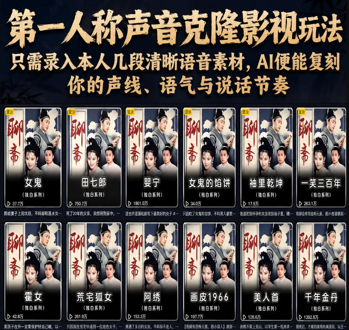 第一人称声音克隆影视玩法，只需录入本人几段清晰语音素材，AI便能复刻你的声线、语气与说话节奏-网创项目